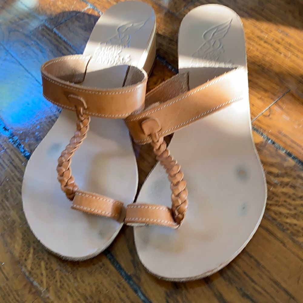 Ancient Greek wood wedge leather sandals size 5.5
